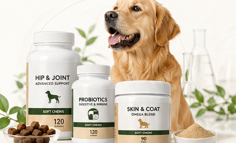 Pet supplement bottles and dog